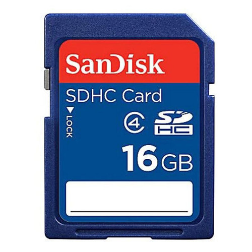 SanDisk 16 GB Secure Digital (SDHC) Card, detailed image showing the blue and red label with capacity and SDHC branding.