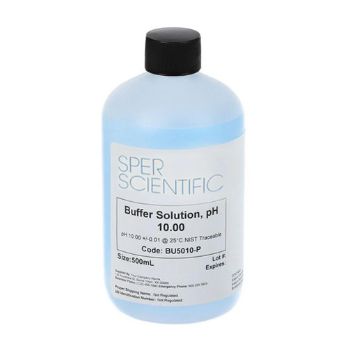 Sper Scientific Buffer Solution pH 10.00 - Blue, 500 mL, laboratory chemical product used for pH calibration and testing.