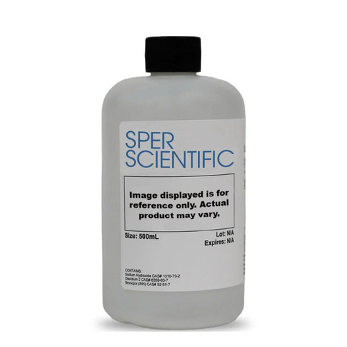 Sper Scientific Conductivity Standard Solution - 12880 microsecond/cm, 500mL, white plastic bottle with a black cap and label showing product details.