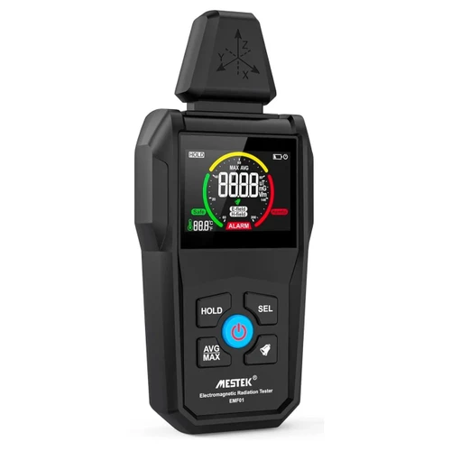Mestek Electromagnetic Radiation Tester, handheld device with digital display and buttons used for measuring electromagnetic radiation levels.