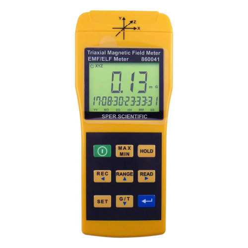Sper Scientific 3 Axis EMF (Electro Magnetic Frequencies) Meter, handheld yellow device with digital display showing magnetic field strength measurement.