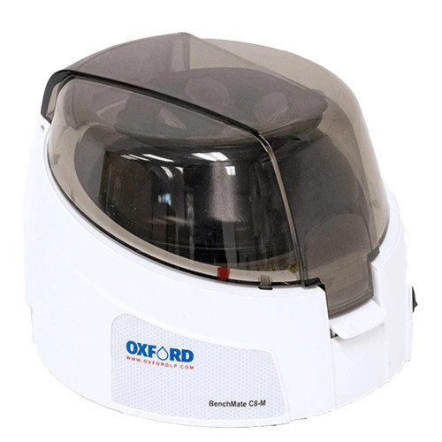 Oxford Lab Products BenchMate Micro Centrifuge with Magnetic Rotor, compact laboratory centrifuge with transparent dark cover for sample processing.