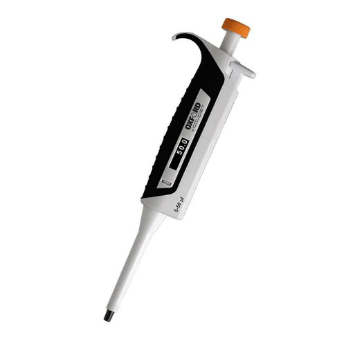 Oxford Lab Products Oxford Accupet Pro Single Channel Pipette, 10 to 100 Microliters, ergonomic laboratory pipette with adjustable volume control and orange calibration knob.