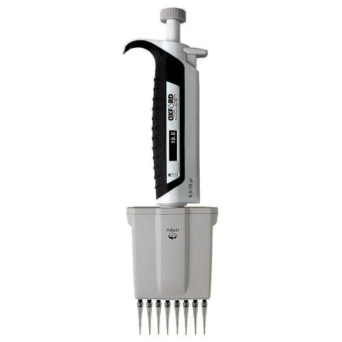 Oxford Lab Products Accupet Pro Multi-Channel Pipette, 12-Channel, 20 to 200 Microliters, shown with a sleek black and silver design and adjustable volume control.