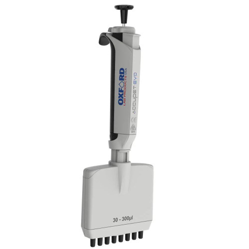 Oxford Lab Products Oxford Accupet Evo Pipette, 12-Channel, 0.5 to 10 Microliters, laboratory pipette with adjustable volume and ergonomic design.