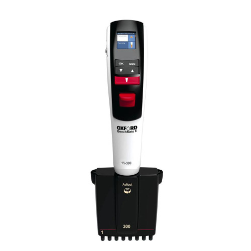 Oxford Lab Products BenchMate Electronic Pipette, 8-Channel, 10 to 200 Microliters, digital laboratory pipette with display and ergonomic design for precise liquid handling.