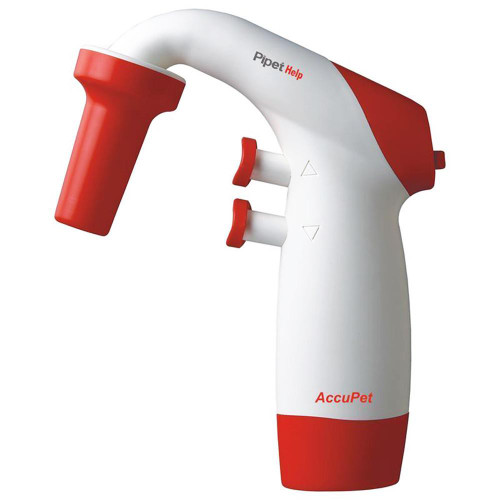 Oxford Lab Products AccuHelp Pipette Controller, Red, handheld electronic pipette tool with ergonomic design and control buttons for precise liquid handling.