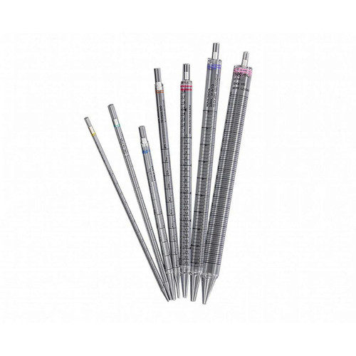 Oxford Lab Products Serological Pipette, Sterile, 5mL, Blue, DNase/RNase, 200 Case, transparent plastic pipettes with color-coded tips for laboratory use.