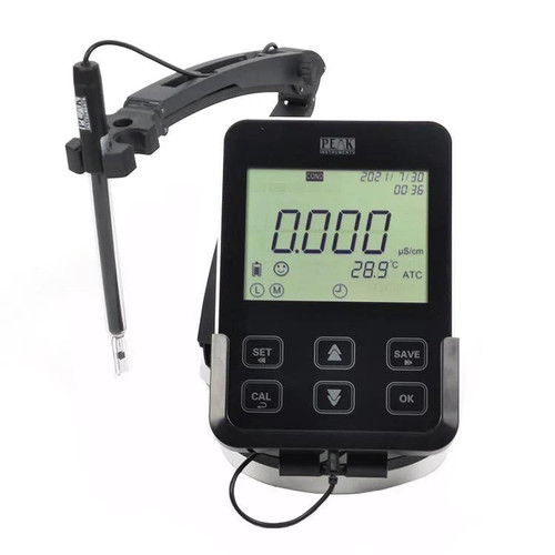 Peak Instruments Benchtop pH Water Quality Meter with USB/SD Datalogging, digital device with LCD screen displaying measurements, control buttons, and pH probe connected for water testing.