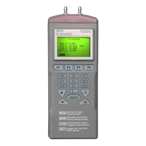 Sper Scientific Datalogging Manometer, 5 PSI, handheld digital pressure measuring device with LCD display and multiple function buttons.