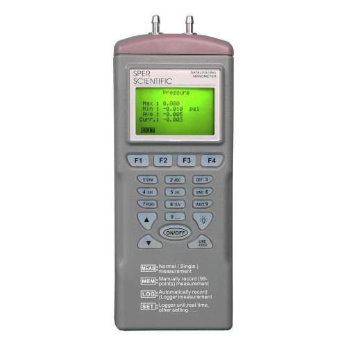 Sper Scientific Datalogging Manometer, 5 PSI, handheld electronic pressure measurement device with digital display and keypad.
