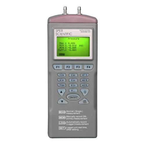 Sper Scientific Datalogging Manometer with NIST Certification, 5 PSI, handheld digital pressure measuring instrument with LCD display and multiple function buttons.