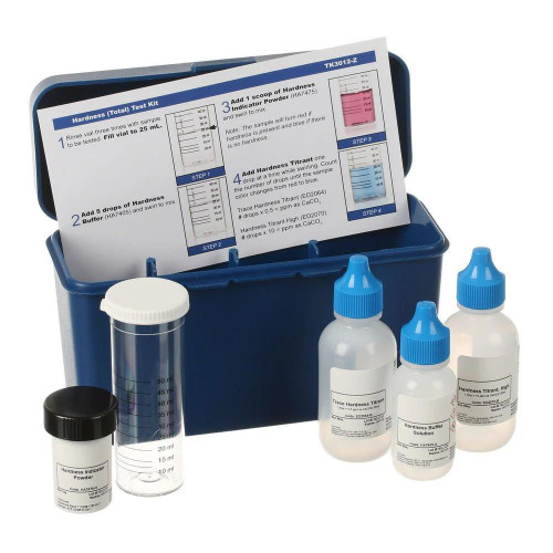 CHEMetrics Hardness (Total and Calcium) Test Kit 2 or 10ppm/25 mL, complete testing kit with bottles, reagent bottles, and instructional manual for measuring water hardness levels.