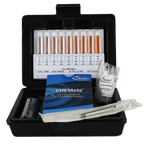 CHEMetrics Hi Range Iron Test Kit, portable laboratory test kit with vials, syringe, and testing solutions for measuring iron levels in water samples.