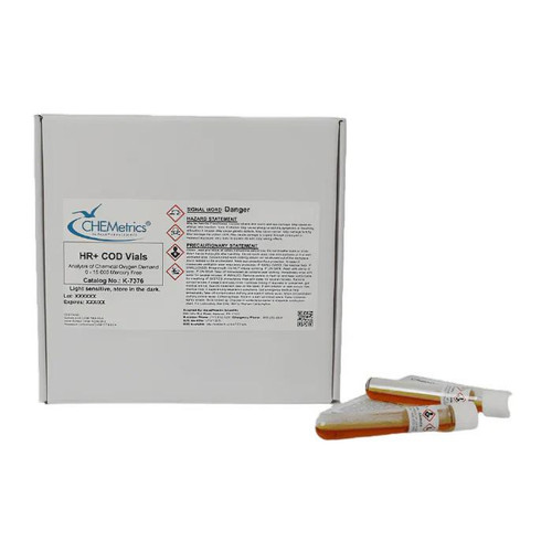 CHEMetrics High Range Plus COD Vials 0-15,000ppm, Mercury-free, 100 Count, product packaging with two test vials in front.