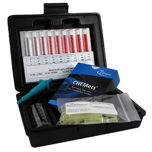 CHEMetrics Nitrite High Range Test Kit (0-250 ppm), laboratory testing kit with test tubes, reagents, and testing accessories for measuring nitrite levels.
