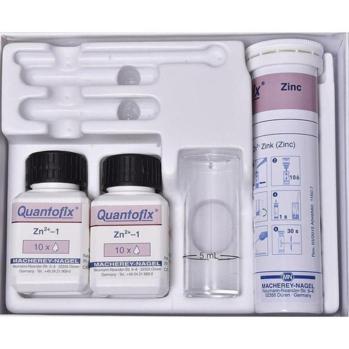 Hydrion Zinc Test Kit, product packaging with reagent bottles, test tubes, and instructions for zinc level testing.