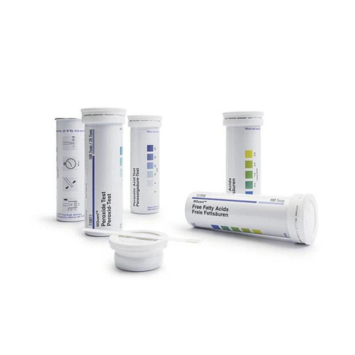 Merck/MQuant Zinc Colorimetric Test Strips (100/Pack), image shows multiple cylindrical containers of test strips with labels indicating zinc testing, arranged on a white background.