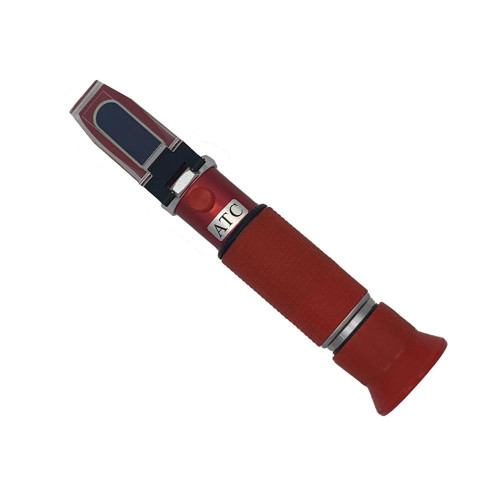 Sper Scientific Clinical Refractometer with ATC, handheld red refractometer used for precise measurement of liquids with automatic temperature compensation.