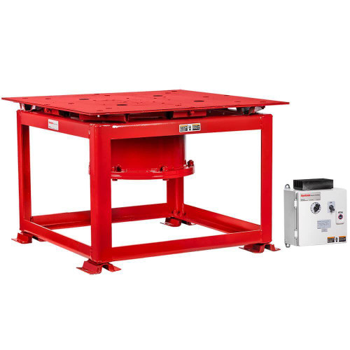 Gilson Company Relative Density Vibrating Table, red industrial vibrating table with motor and control box for soil and material testing.