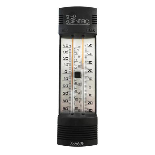 Sper Scientific Mercury-Free Min/Max Push Button Thermometer, a digital glass thermometer with black casing and clear display for measuring temperature.