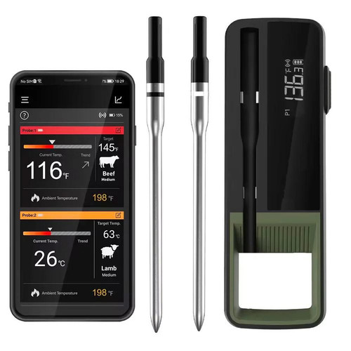 Sper Scientific Smart Wireless Long Range Dual Probe Meat Thermometer, digital display with two probes and wireless sensor for accurate cooking temperature readings.