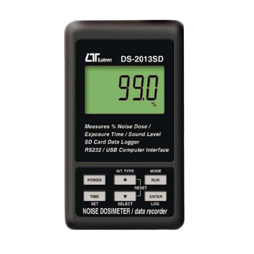 Sper Scientific Noise Dosimeter with SD Card Logger, NIST Calibration, displaying noise measurement, digital screen, buttons for control, portable black device.