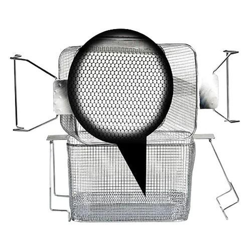 Crest Ultrasonics Basket for Ultrasonic Cleaner, Perforated Bottom, 11 x 8.5 x 7 inches, with a close-up of the perforated bottom mesh
