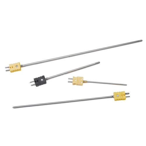 Pyromation Thermocouple, Type K, Ung. Junction, 3/16in OD, 12in, Male Plug, temperature sensing probe with stainless steel stem and yellow and black connectors for industrial temperature measurement.