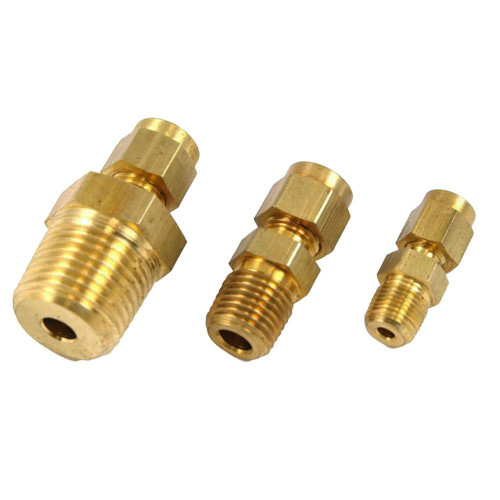 Pyromation Thermocouple Compression Fitting, 1/4 OD, 1/4in NPT, Brass, 10-Pack, showing three brass compression fittings of different sizes with threaded ends for securing thermocouples.