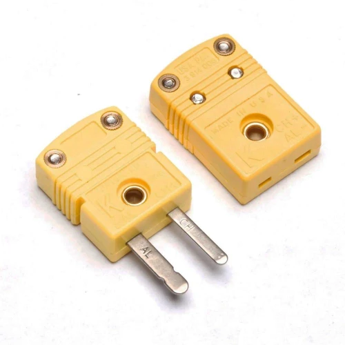 Pyromation Male Jack, Type K, 200C Temp Rating, 10 Pack - yellow industrial electrical connectors with metal prongs and grounding screws for temperature-sensitive applications.
