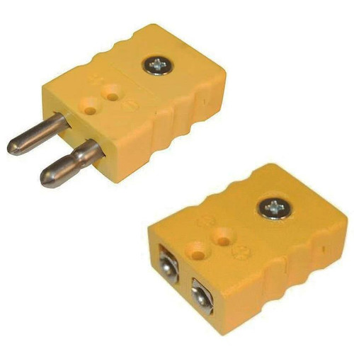 Pyromation Miniature Male Plug, Type T, 200C Temp Rating (10/Pack), yellow connector with metal pins for electrical connection.