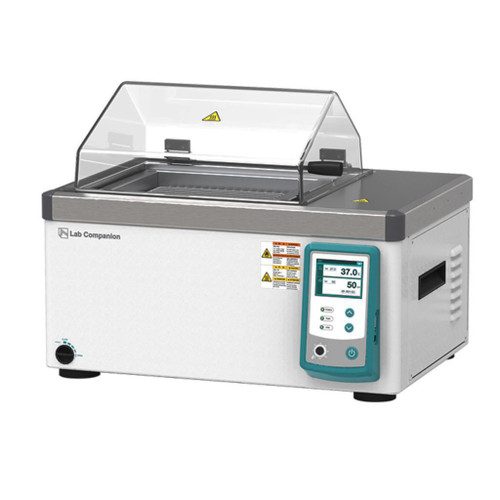 Lab Companion BS2 Shaking Heating Bath (17L), 230V, laboratory shaking bath with digital control panel and transparent protective cover for precise temperature and shaking speed regulation.