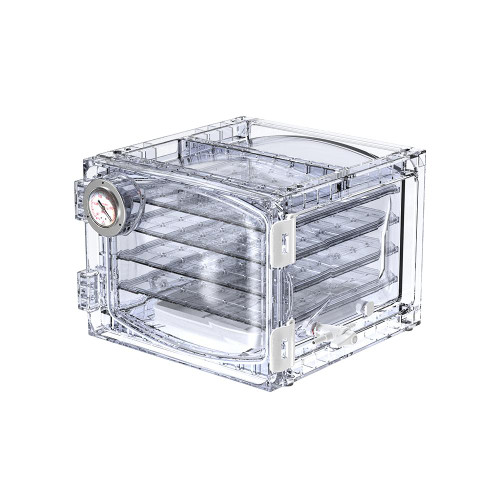 Lab Companion VDC-21 Vacuum Desiccator (Cubic), 23L - transparent acrylic vacuum desiccator with multiple shelves and a vacuum pressure gauge for laboratory drying and storage.