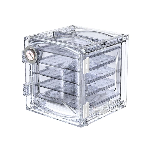 Lab Companion VDC-31 Vacuum Desiccator (Cubic), 35L (1.2cu ft), transparent cubic design with gauge and multiple shelves for laboratory sample preservation.