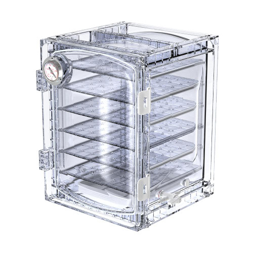 Lab Companion VDC-41 Vacuum Desiccator (Cubic), 45L, transparent acrylic structure with multiple shelves, built-in vacuum gauge, and secure door latches.