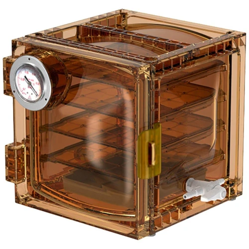 Lab Companion VDC-11U Vacuum Desiccator (Cubic) with UV Block, 11L (0.4cu ft), featuring a transparent amber-colored cube with a built-in vacuum gauge on the front, used for storing moisture-sensitive samples in scientific laboratories.
