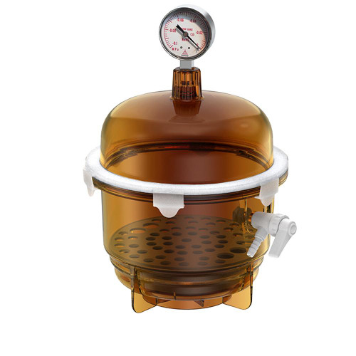 Lab Companion VDR-20UG Vacuum Desiccator with Gauge / UV Block, 6L (0.2cu ft), orange transparent plastic chamber with pressure gauge on top, white sealing gasket, and valve handle for vacuum control.