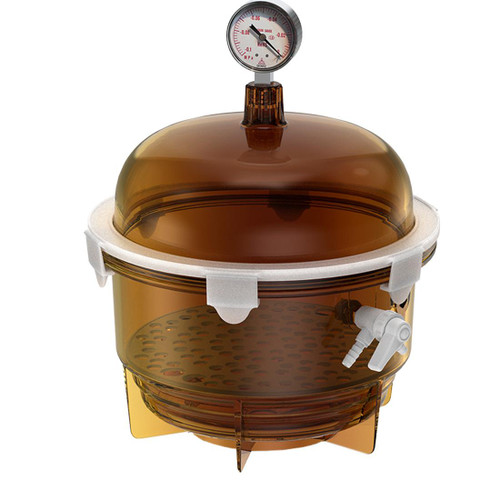 Lab Companion VDR-25UG Vacuum Desiccator with Gauge / UV Block, 10L (0.4cu ft), amber color, with pressure gauge and valve for laboratory use.