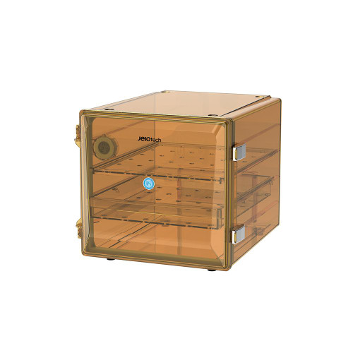Lab Companion SDC-30U Desiccator with UV Protection (Cubic), 35L (1.2cu ft), showing a transparent amber cubic design with shelving and digital display for humidity control.