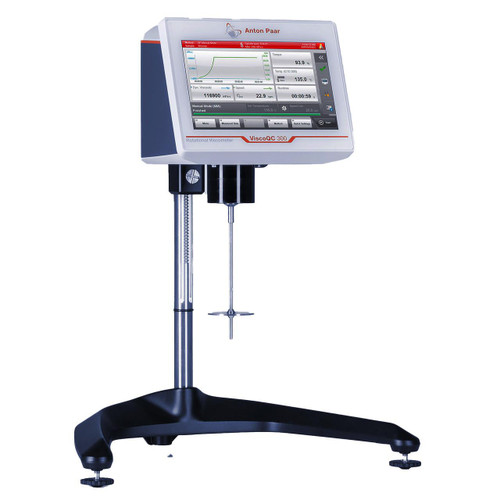 Anton Paar ViscoQC 300 H Rotational Viscometer, modern laboratory instrument with digital touchscreen display showing viscosity data.