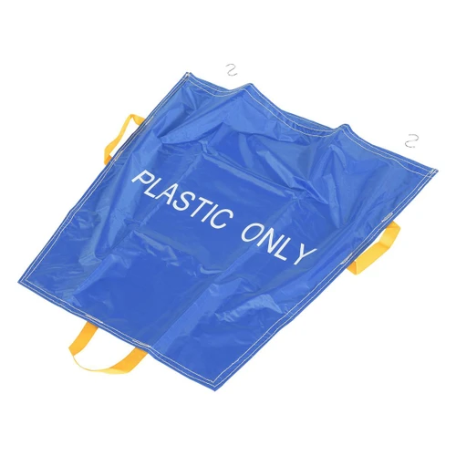 Vestil Pallet Rack Trash Bags, blue plastic trash bag with yellow handles and 'PLASTIC ONLY' label for waste disposal.