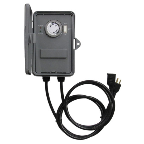 Jaybird Manufacturing 24-Hour Timer Control for Jaybird XE Mobile Units, gray electronic timer device with dial, power and status indicators, and attached power cord.