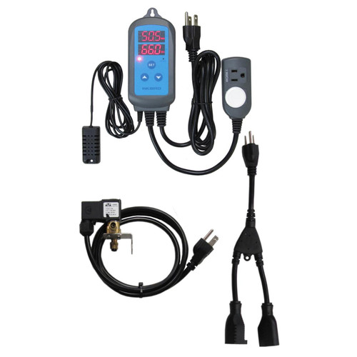 Jaybird Manufacturing Digital Humidistat Controller with Humidity Sensor and Solenoid, Electronic device with display screen and control buttons for managing humidity levels