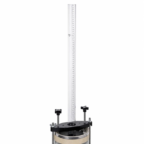 Gilson Company 500cc Manometer for Lab Asphalt Permeameter, a clear glass measuring device with 500ml capacity, mounted on a lab stand for precise pressure measurements in asphalt testing.