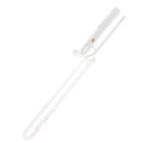Gilson Company Zeitfuchs Cross-Arm Viscometer, Size 8, laboratory glass viscometer with a long, curved tube and cross-arm structure used for measuring fluid viscosity.
