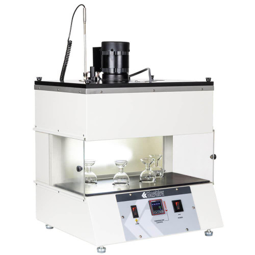 Gilson Company Saybolt Viscosity Bath, laboratory viscosity testing equipment with a heating bath, glass flasks, and control panel for precise viscosity measurements.