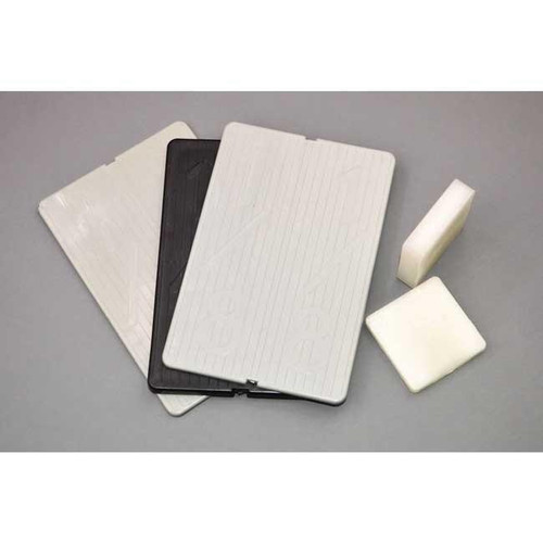 Paragon Plastic Shims for Leveling Concrete, 2 x 2 x 1/16 inch, showing a set of white and black plastic leveling shims in different shapes and sizes.