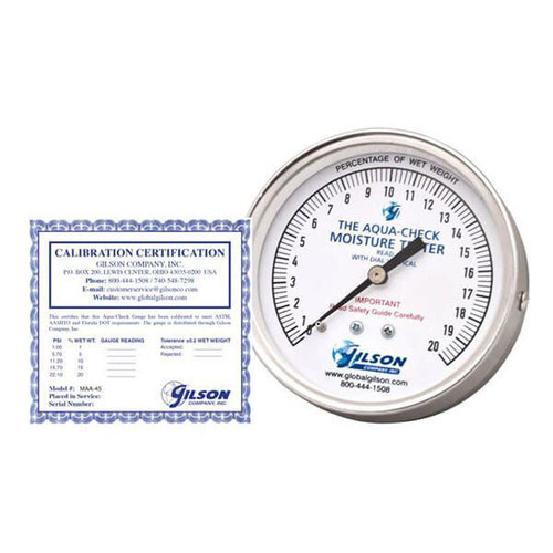 Gilson Company Aqua-Check Pressure Gauge for Moisture Tester, a round white device with a black needle pointing to the pressure measurement dial and a calibration certificate.