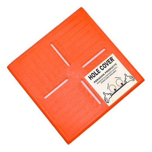 Paragon 15 x 15in Square Hole-In-One, Covers Hole Up To 12x12in (25/Box), orange square hole cover with white label and cartoon hands showing front view.